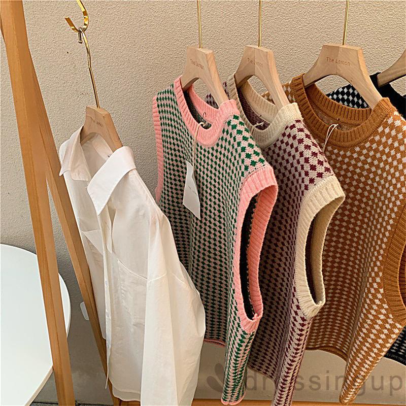 Áo Dệt Kim Không Tay Cổ Tròn Màu Sắc Tương Phản Phong Cách Retro Thời Trang Mùa Thu Cho Nữ