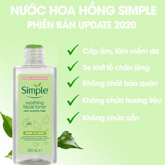 Bộ 3 Sản Phẩm Giúp Da Sạch Sâu Và Cấp Ẩm Cho Da SIMPLE Kind To Skin (Tẩy trang 200ml + SRM 150ml + Toner 200ml)