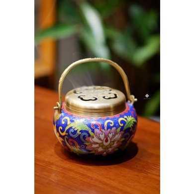 Lư đồng chày kim cương đôi khảm pháp lam có quai - Trầm Hương Hỷ lạc - Lư trầm, lư đồng - Decor bàn