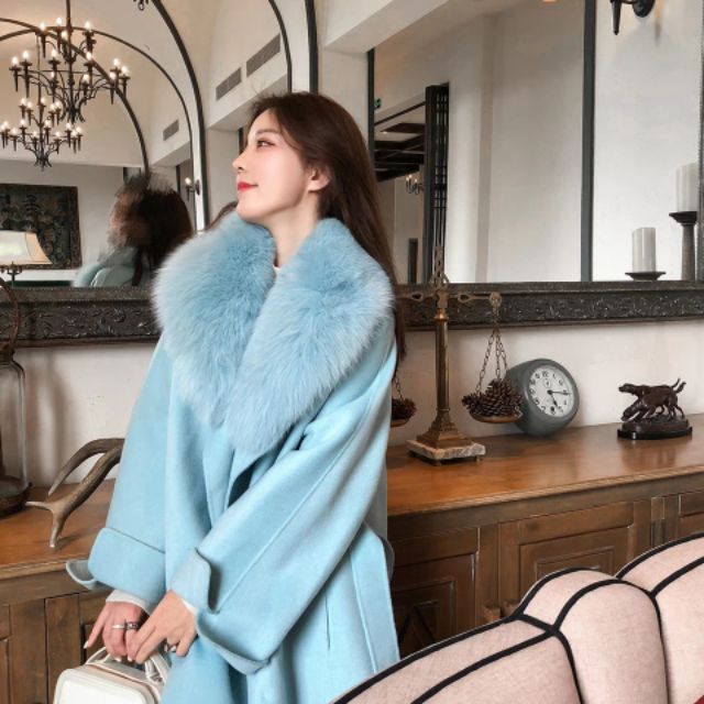 Áo khoác/choàng dạ cashmere dày mịn cổ lông thú ulzzang dáng dài sang chảnh hàng cao cấp
