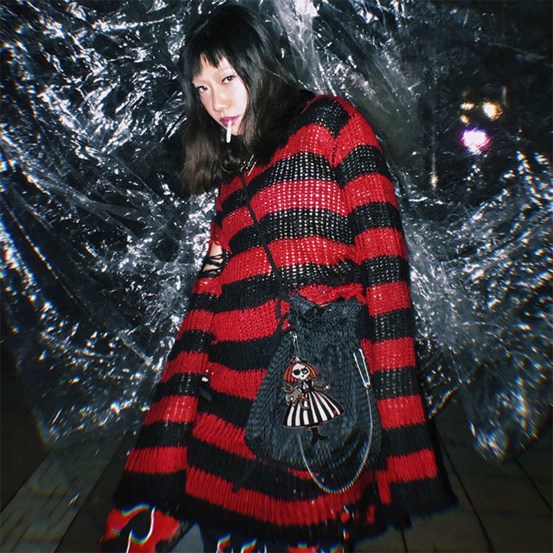 Áo sweater dệt kim tay dài họa tiết kẻ sọc phong cách gothic Harajuku bụi bặm thời trang mùa thu dành cho nữ