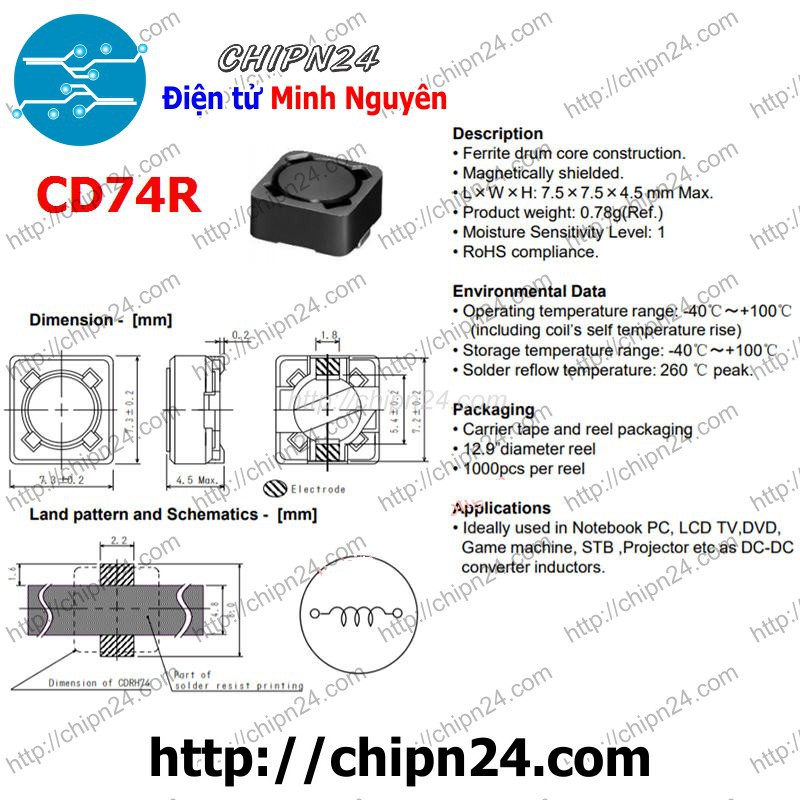 [3 CÁI] Cuộn Cảm Dán CD74R 2.2uH [2R2] (SMD Dán)