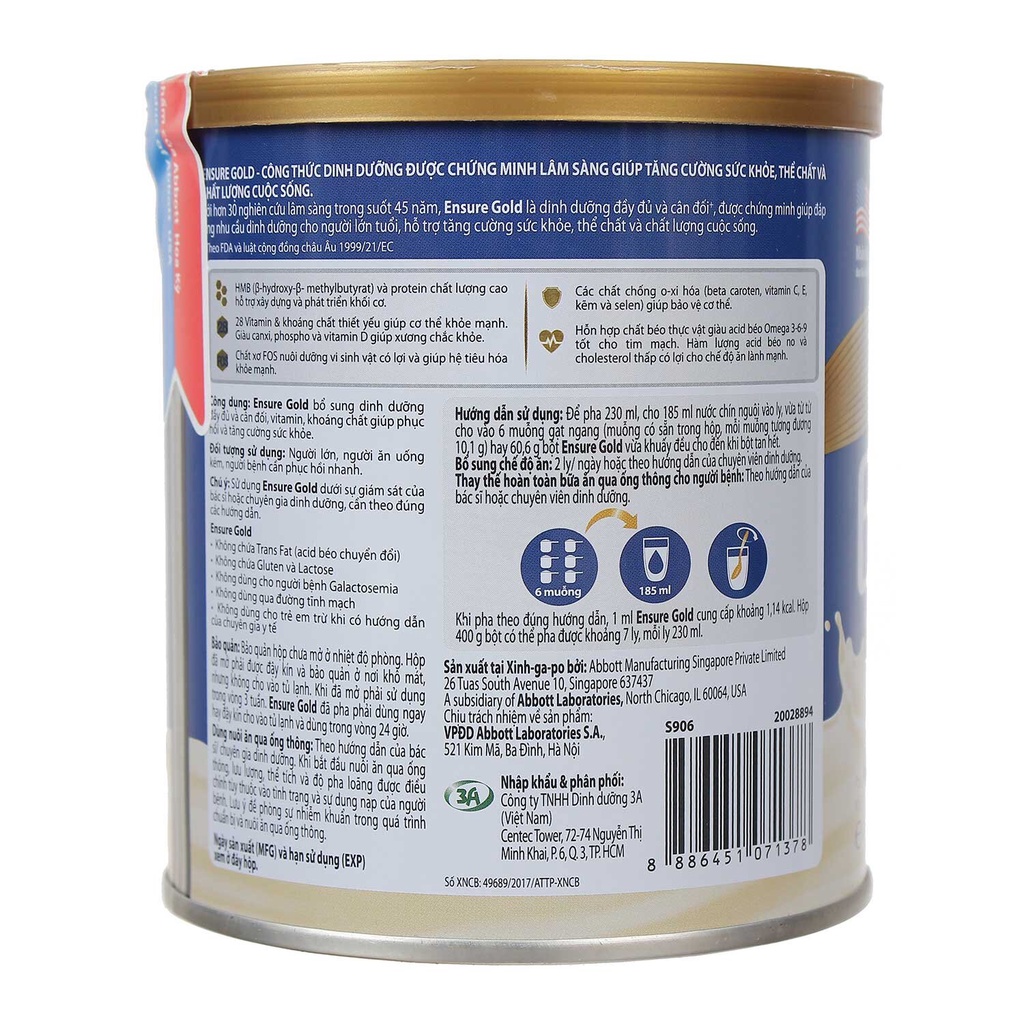 Sữa bột Ensure Gold Abbott hương vani lúa mạch &amp; american pharma group 400g dinh dưỡng cho người gầy ốm