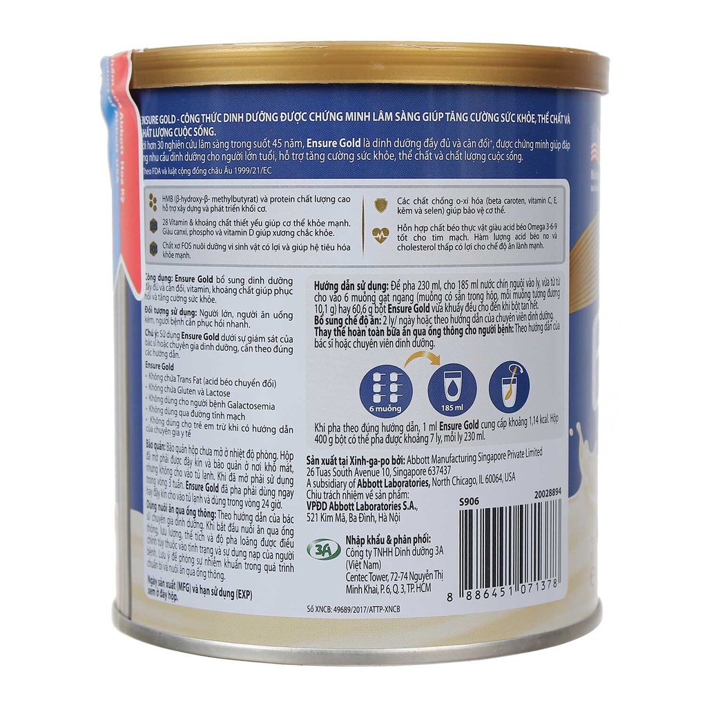 Sữa bột Ensure Gold Abbott hương vani lúa mạch &amp; american pharma group 400g dinh dưỡng cho người gầy ốm