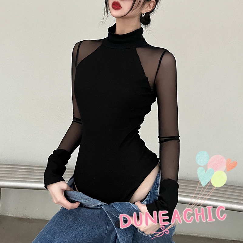 DUNEA Áo Liền Thân Dài Tay Cổ Cao Ôm Dáng Gợi Cảm Dành Cho Nữ