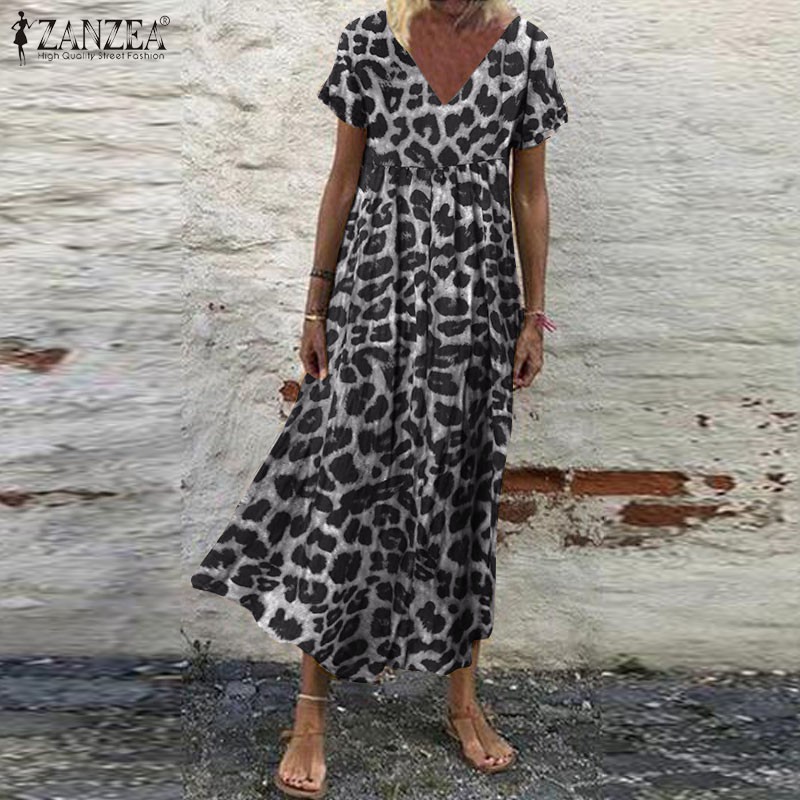 Váy ZANZEA Tay Ngắn Cổ Chữ V Họa Tiết Đốm Da Báo Kiểu Dáng Thời Trang Cho Nữ