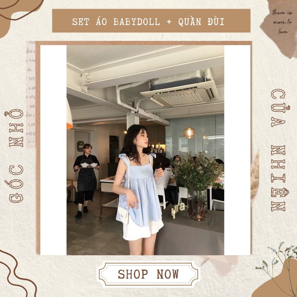 [ẢNH THẬT + CLIP] Set Áo Babydoll Nơ Vai Quần Đùi Cạp Chun