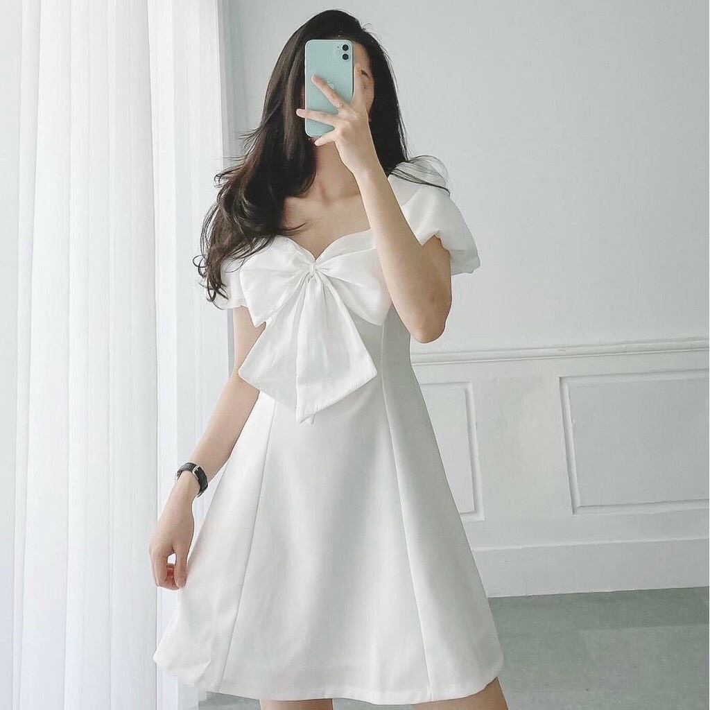 [Sales FreeShip] Đầm váy trắng nơ ngực dạo phố xinh xắn