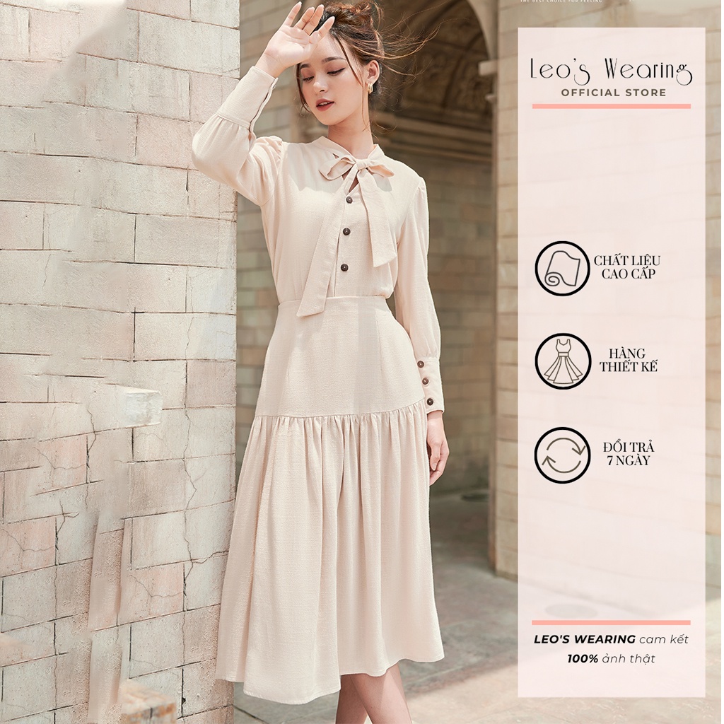 Set công sở LEOSWEARING áo sơ mi tay dài mix chân váy xèo chất vải Linen Bamboo đầm văn phòng dạo phố dự tiệc A44