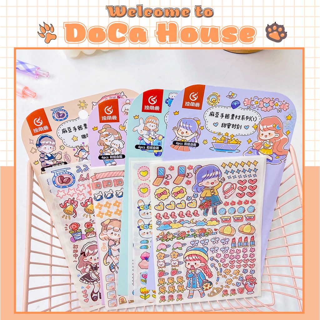 Set 4 Tấm Sticker Giấy Cô Gái Madou Trang Trí Sổ Tay, Bullet Journal Đáng Yêu