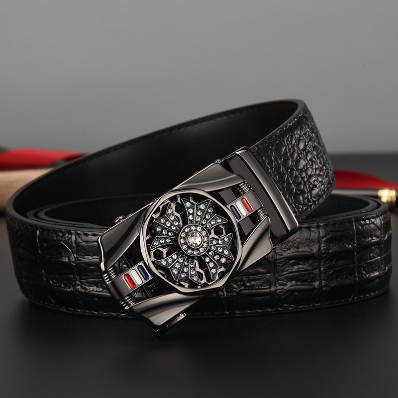 Thắt lưng nam da cá sấu cao cấp, mặt đính đá xoay 360, khóa tự động mạ kim sang trọng TL03
