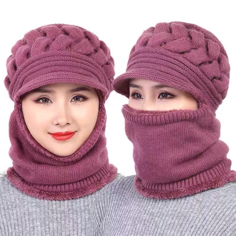 Mũ len nữ kèm khăn quàng che mặt mùa đông ấm tiện dụng mũ len trung niêncho mẹ