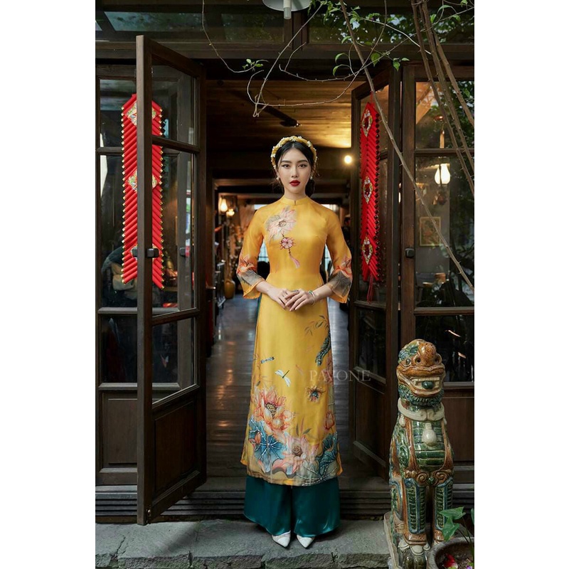 Áo dài cách tân 4 tà Hoa sen ⚡️Hàng Cao Cấp⚡️ tơ óng tiểu thư - Tây Phương