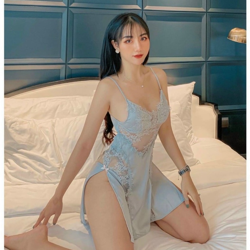 BÁN SỈ _ Set váy ngủ + áo choàng ngủ  lụa Quảng Châu phối ren sexy gợi cảm SP060