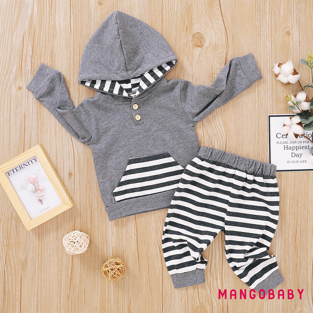 Bộ Áo Hoodie Dài Tay + Quần Dài Co Giãn Kẻ Sọc Có Túi Lớn Cho Bé Trai