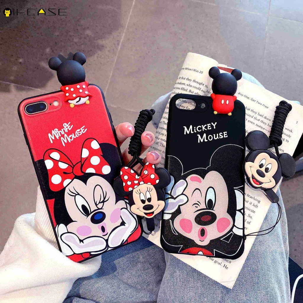Ốp Điện Thoại TPU Mềm Có Chân Đứng Và Dây Treo Hoạt Hình Mickey Minnie Cho iPhone 11 Pro Max XS Max XR X 7 8 6 6s Plus