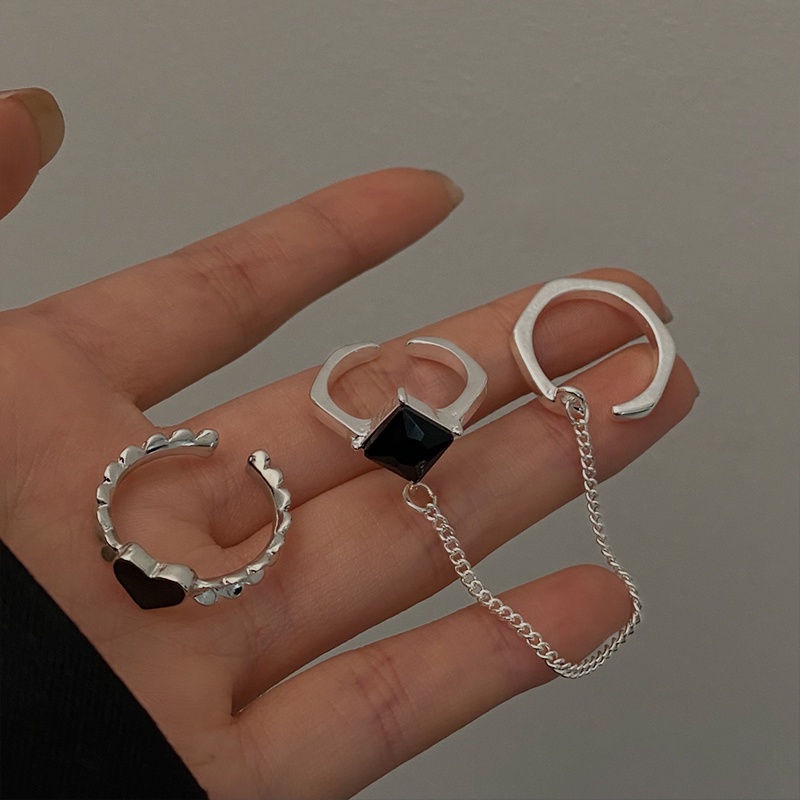 3 Nhẫn DODDER bằng bạc mặt hình trái tim/ vuông màu đen thời trang cho nữ