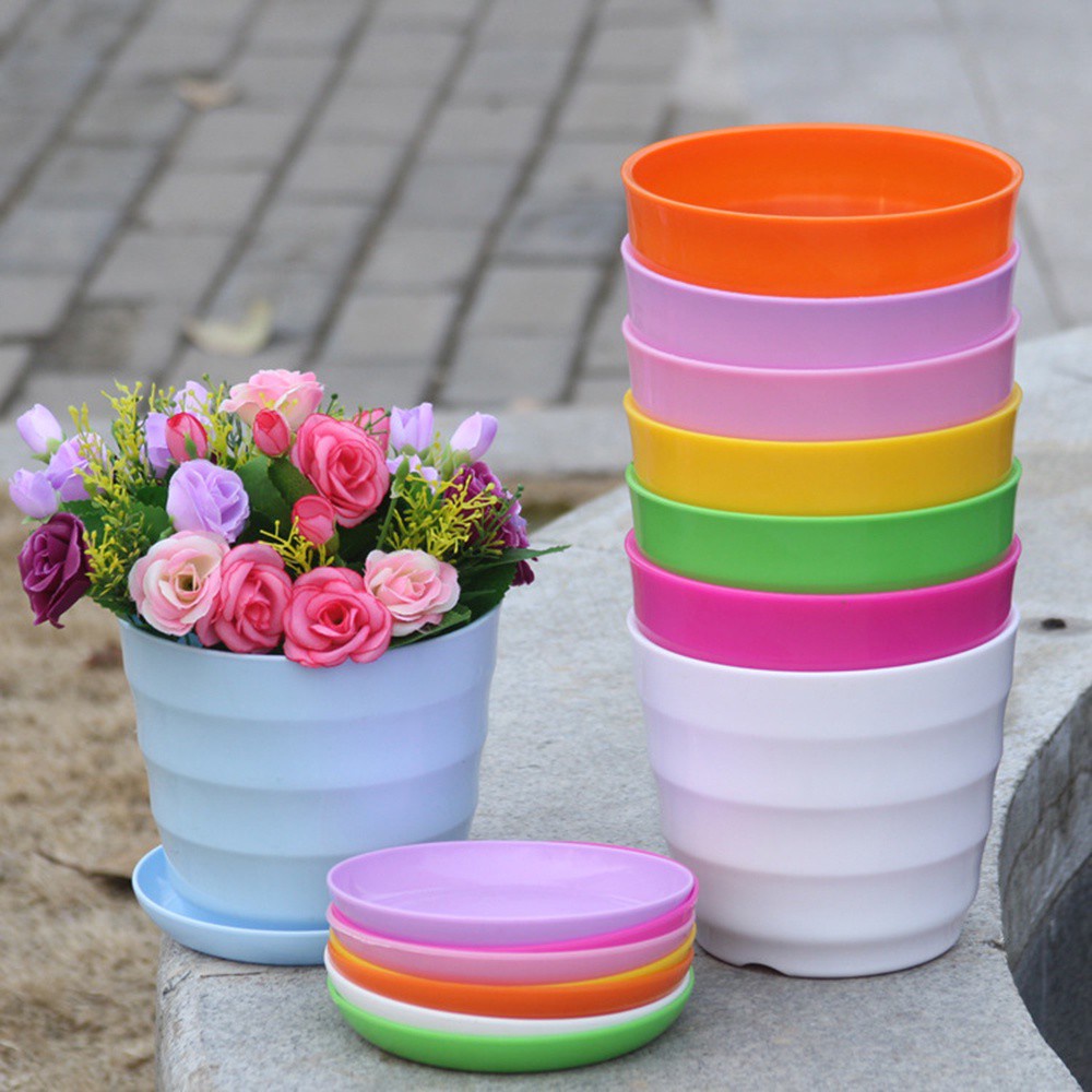 Chậu Hoa Mini Bằng Nhựa Nhiều Màu Sắc Kèm Khay Để Bàn Trang Trí