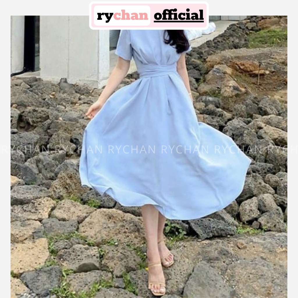 [ẢNH THẬT CUỐI] Đầm Nữ Đi Du Lịch Dáng Xòe Cổ Tròn Tay Ngắn Chéo Eo Đơn Giản Thoải Mái Màu Xanh Biển - DX9923