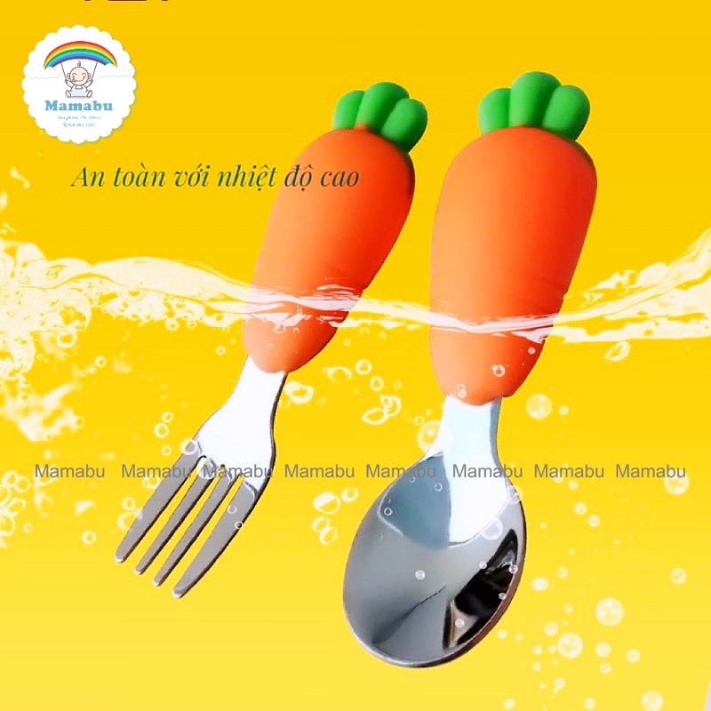 Set Thìa Dĩa Tập Xúc Tập Ăn Cho Bé Hình Cà Rốt, Chân Mèo Đáng Yêu Chất Liệu Inox 304 An Toàn Mamabu