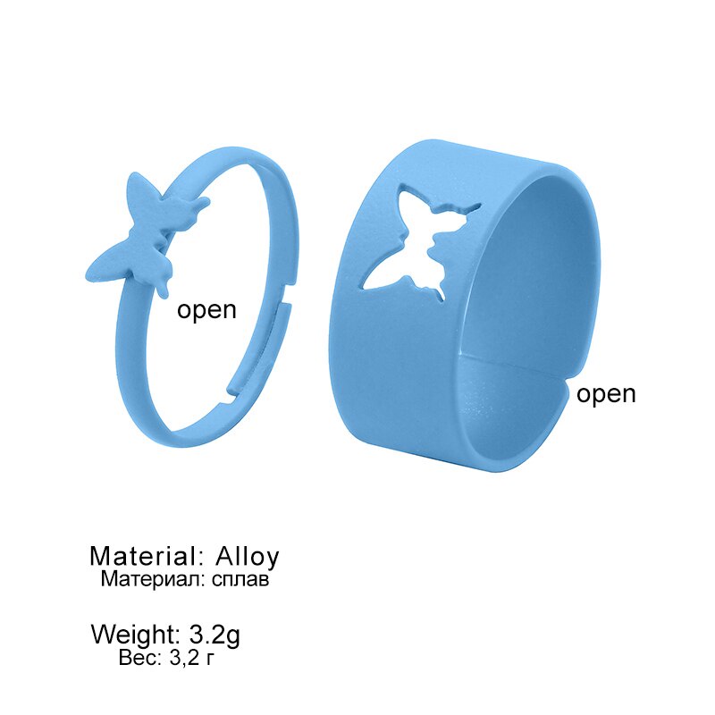 2pcs/set Couple ring Colorful Butterfly Adjustable Open Rings Snake Rings For Women Men Lover Couple Rings Set  Fashion Jewelry