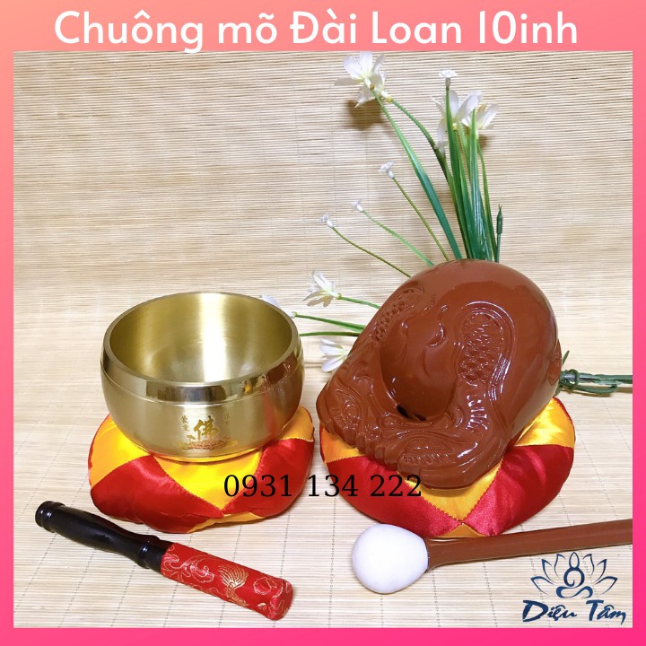 Bộ chuông mõ Đài Loan 10 inch tụng kinh Phật - Đồ thờ cúng chất liệu bằng đồng và gỗ , sản phẩm có dùi và đế lót đi kèm