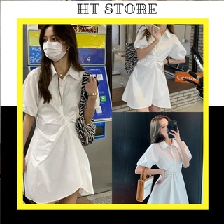 Đầm Polo Suông nữ Cộc Tay Vai Bồng dưới 65kg - Váy Nữ cổ bẻ Màu Đen phối cổ