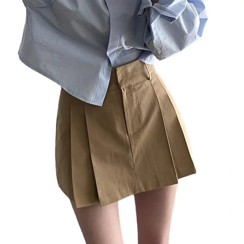 MERSHE • Chân Váy Chữ A Ngắn Kaki Xếp Ly Dấu Khoá