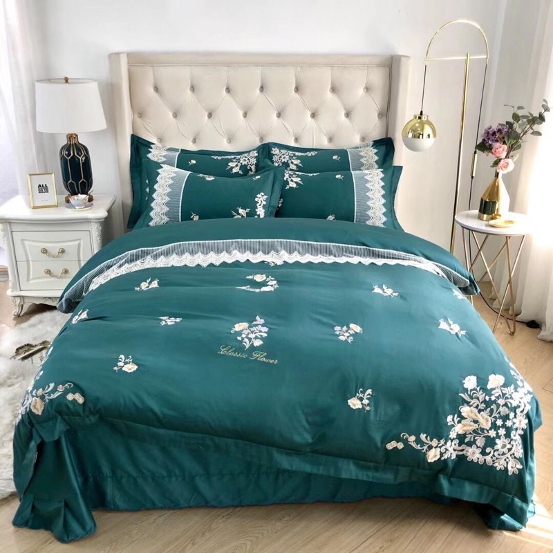 Bộ 4 món vỏ chăn ga gối Lụa Satin cao cấp xanh phối ren