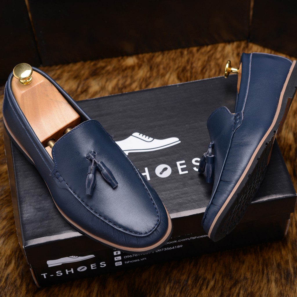 Giày lười nam Tassel Loafer da lì, họa tiết chuông màu xanh rêu