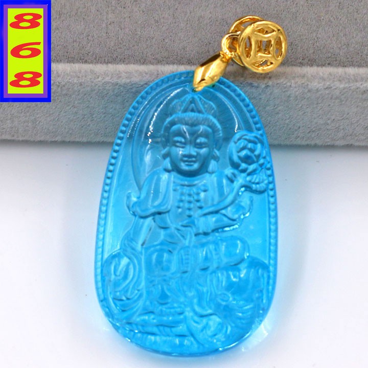 Mặt dây chuyền Phổ Hiền Bồ Tát Pha Lê Xanh Lam 3.6cm - Phật bản mệnh tuổi Thìn, Tỵ - Mặt size nhỏ - Tặng kèm móc inox