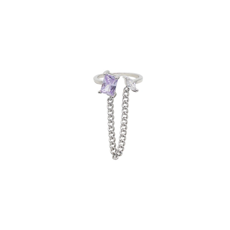 Nhẫn Hở Đính Đá Zircon Vuông Màu Tím Phối Dây Xích Kiểu Hình Học Cao Cấp Cho Nữ