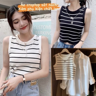 Áo croptop len kẻ ngang mongtoghi kèm phụ kiện vòng hàng Quảng Châu