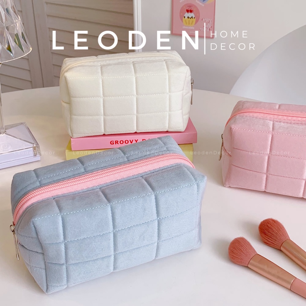 Túi đựng bút vải nhung màu sắc pastel cute, túi đựng mỹ phẩm du lịch nhỏ  – LEODEN DECOR