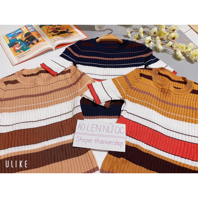 Áo len kẻ phối màu dáng ôm cổ tròn, Áo kiểu ngắn tay co giãn MH1283 - THaoVan Shop