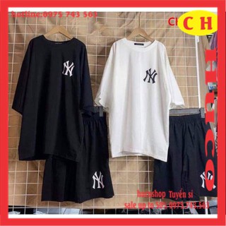 [Ảnh Thật] sét đồ bộ thể thao nam nữ N.Y áo thun hè ngắn tay + quần đùi ống rộng form rộng chất cotton unisex freesize