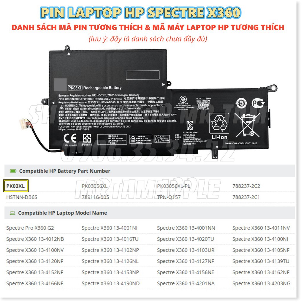 [Loại Tốt] Pin Laptop HP SPECTRE X360 PK03XL (ZIN) - 6 CELL - Spectre Pro x360, Spectre 13-4000