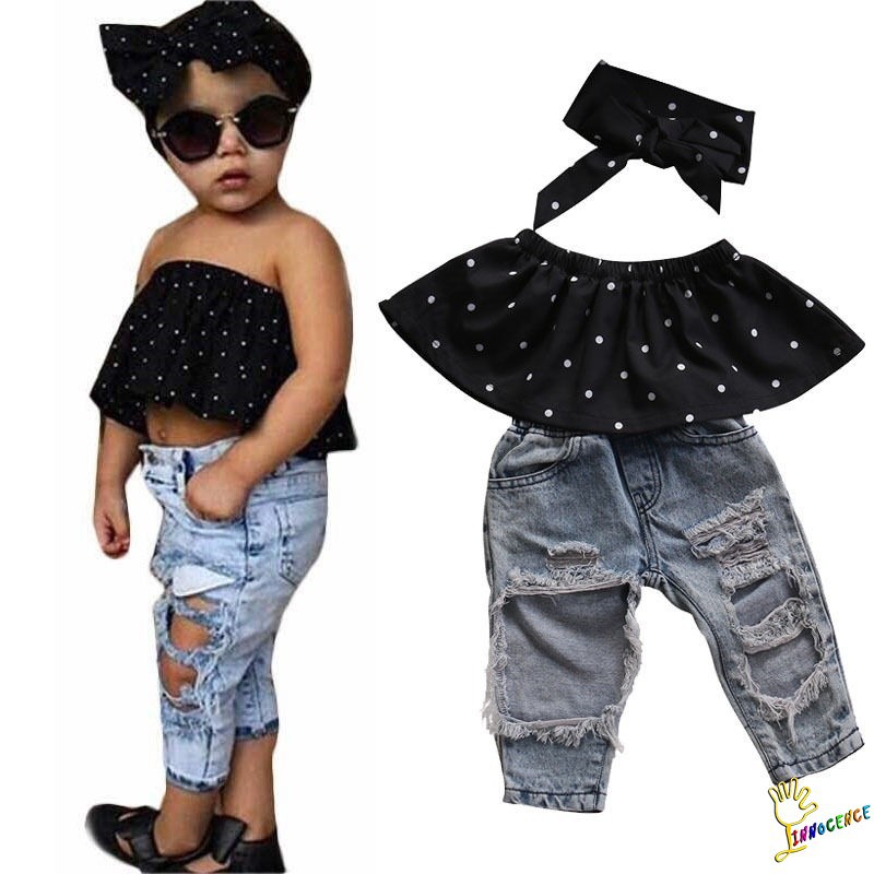 XZQ-Baby Girls Dot Off Shoulder Jeans Set 3PCS Summer Clothing