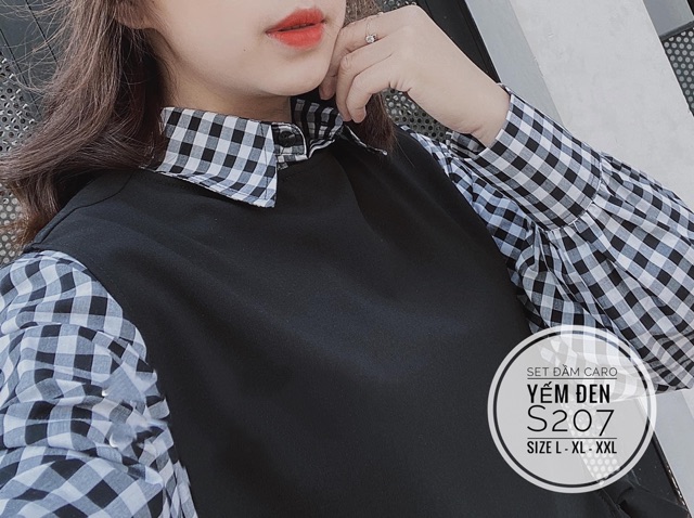 Bigsize Set đầm caro yếm đen S207