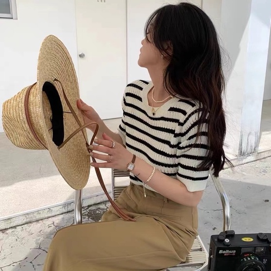 Áo thun ZHELIHANGFEI dệt kim tay ngắn cổ tròn họa tiết kẻ sọc trắng đen dễ thương cho nữ