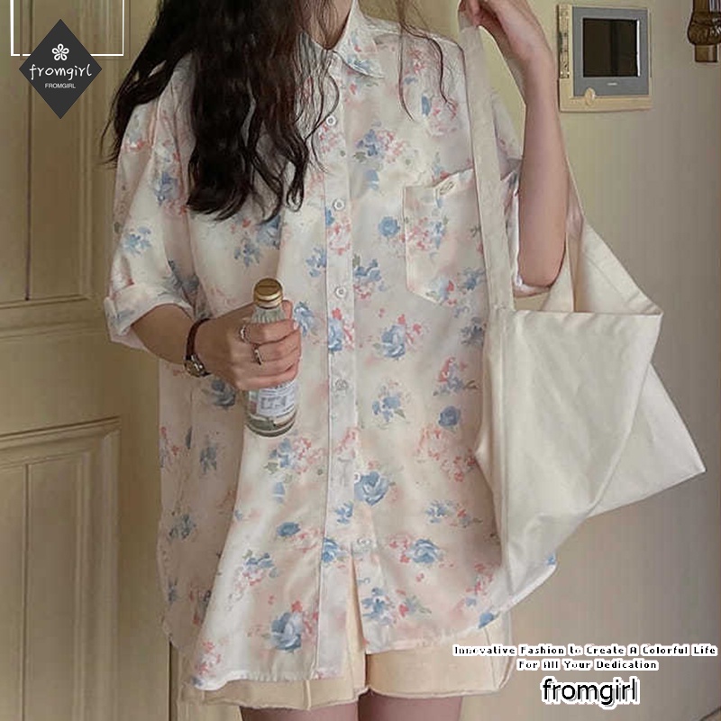 Áo sơ mi tay ngắn dáng rộng in họa tiết graffiti thời trang mùa hè cho nữ