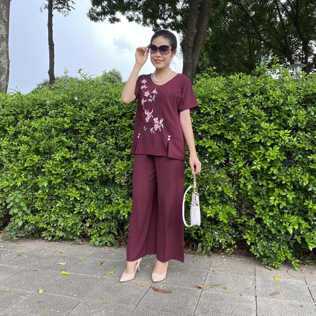 [Chỉ giảm giá hôm nay] Đồ Bộ Trung Niên Ống Rộng Dài Thêu cao cấp