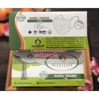 Khẩu trang y tế Meriday 3 lớp Màu Trắng 50 cái/ Hộp hỗ trợ Kháng Khuẩn - Chính hãng Bông Bạch Tuyết