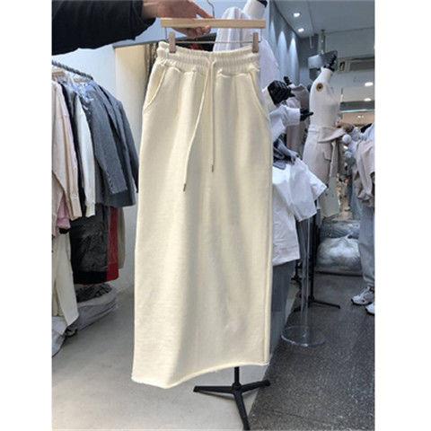 Honypove Chân váy Cotton lưng thun màu trơn phối dây rút thời trang xuân thu 2022