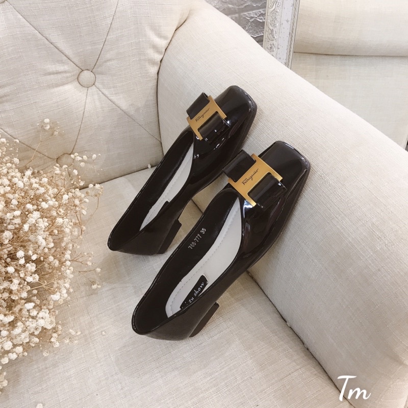 Giày bệt nơ fegamo da bóng mũi vuông lizushow fullbox