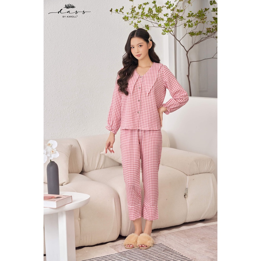 Bộ thô kate mặc nhà nữ ANSS by Karoll quần dài tay lửng hoạ tiết sọc kẻ siêu xinh ANSS.22.004