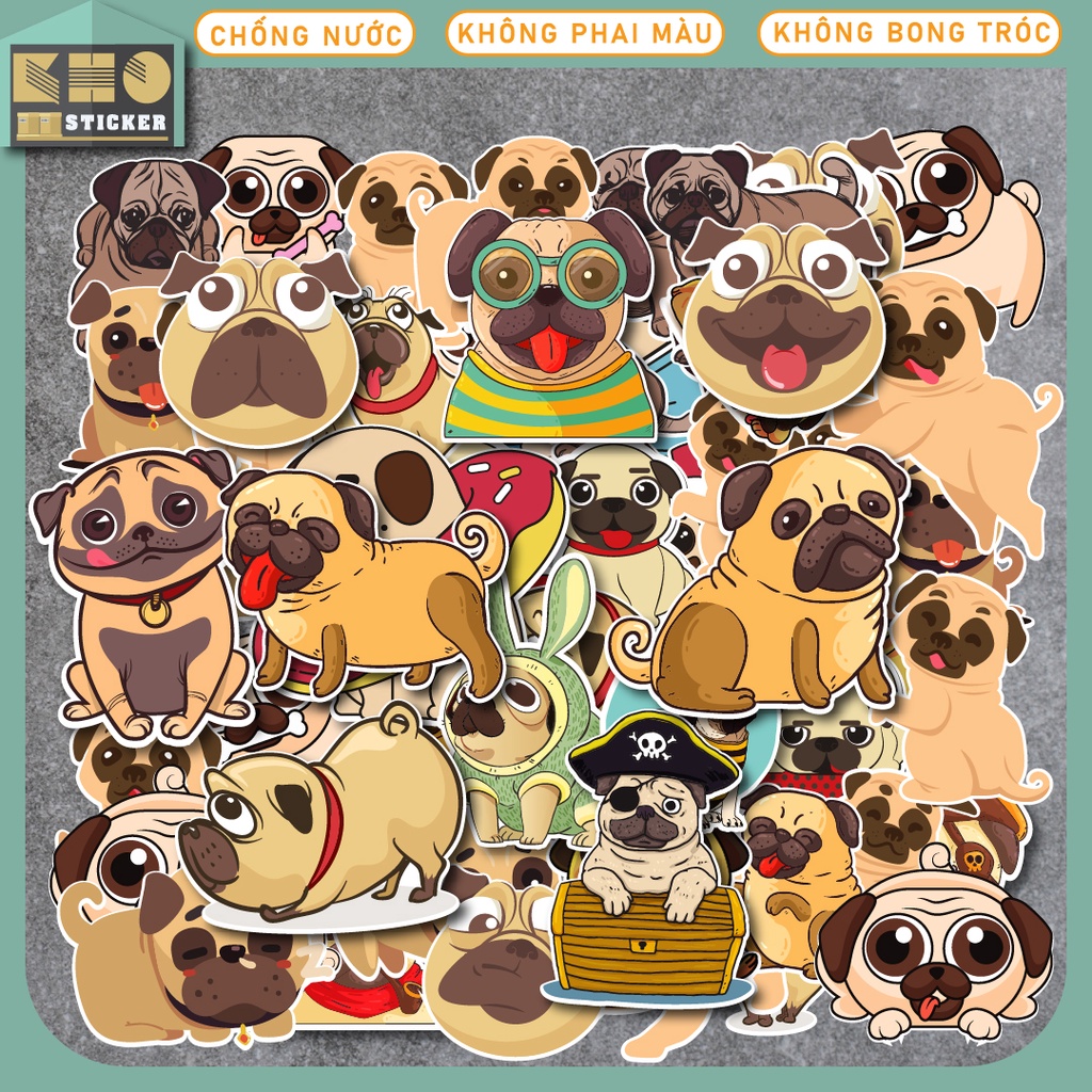 Combo 50 Sticker Chó Pug chống nước sticker dán laptop, điện thoại, đàn guitar, mũ bảo hiểm, vali. MSP: ST09