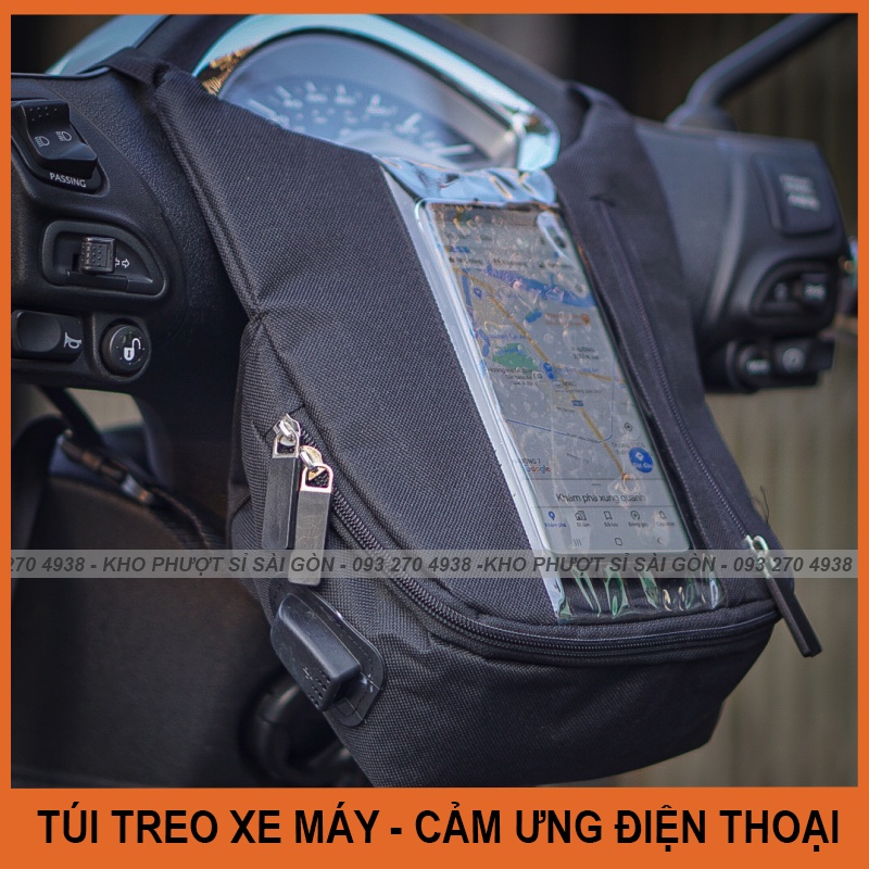 Kho Sỉ SG - Túi Grab treo dọc đầu xe cảm ứng điện thoại cho Shipper - Grap kèm găng tay Swat G01 - Túi treo đầu xe máy c