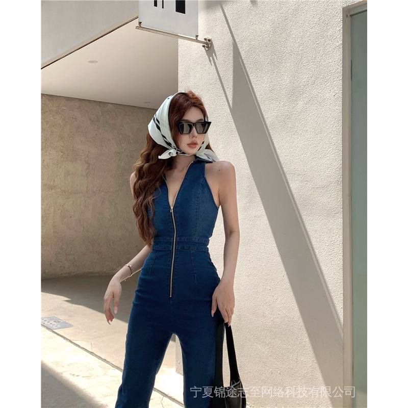 High quality · Nini  denim stretch jumpsuit women's summer hot pants Korean style sense zipper sleeveless vest straight long pants