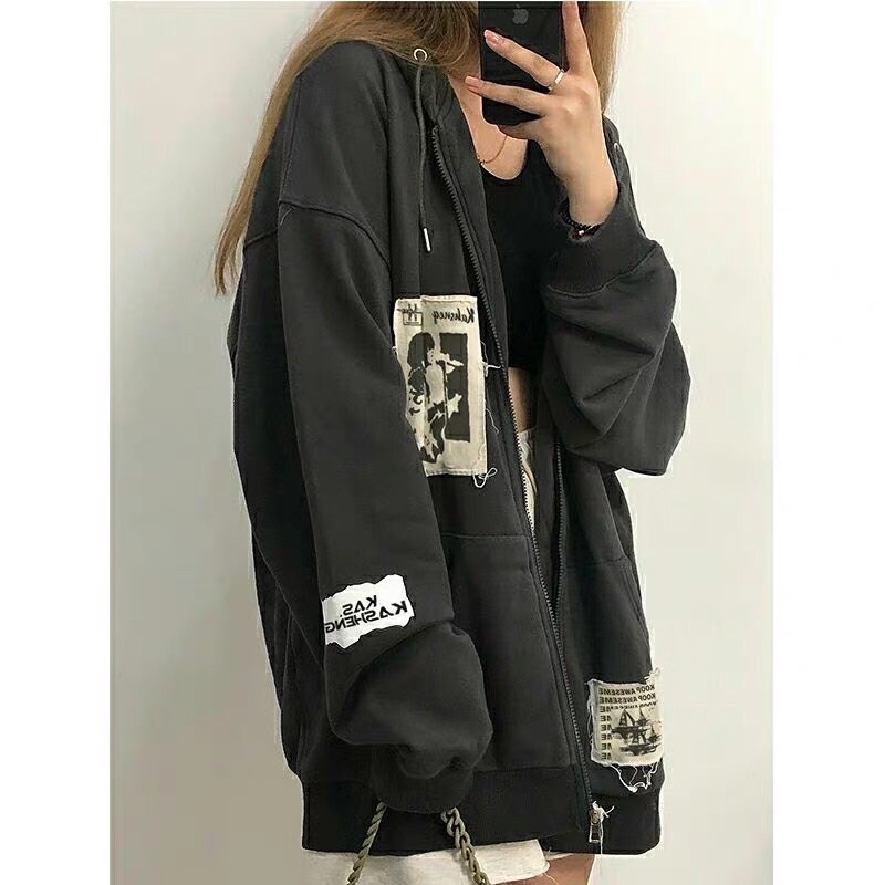 Hoodie Zip unisex phong cách retro màu xám đen order 15-20 ngày - AK009